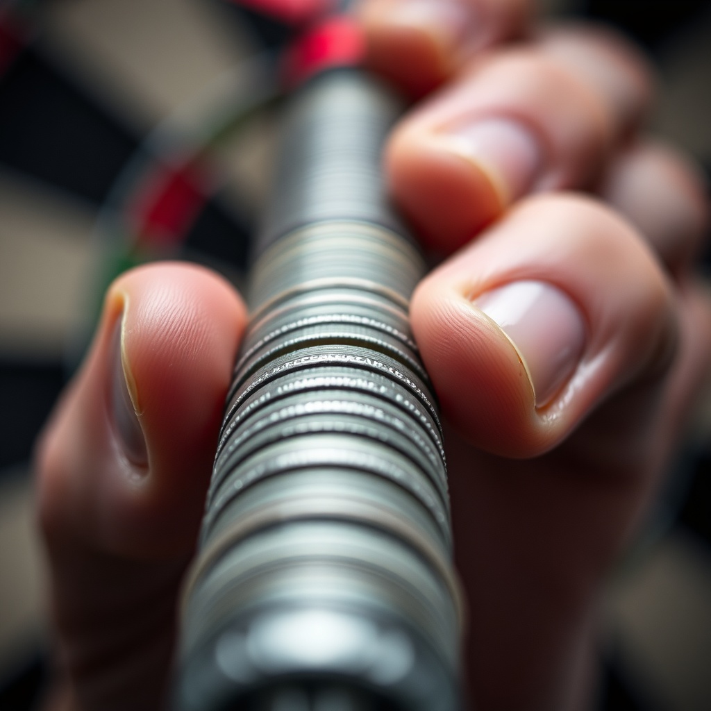 다트 선수가 배럴을 잡고 있는 손가락의 미세한 접촉면을 보여주는 사진