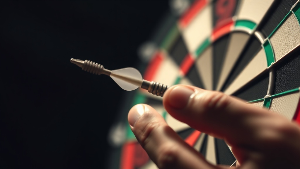 다트 선수가 다트를 던지는 순간 손가락에서 배럴이 분리되는 릴리즈 타이밍을 포착한 이미지