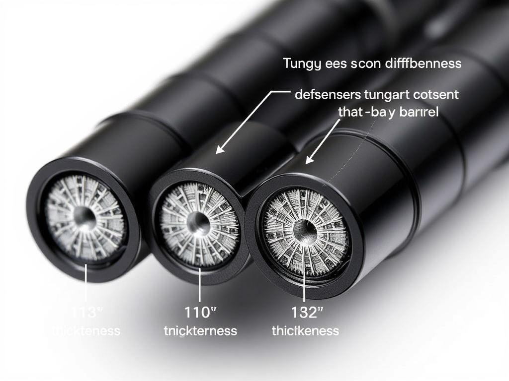 텅스텐 함량에 따른 다트 배럴의 두께 차이를 보여주는 단면 비교 이미지