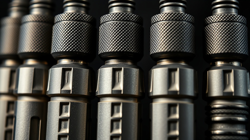 다양한 그루브 패턴이 새겨진 텅스텐 다트 배럴들이 조명을 받으며 나란히 놓여 있는 모습