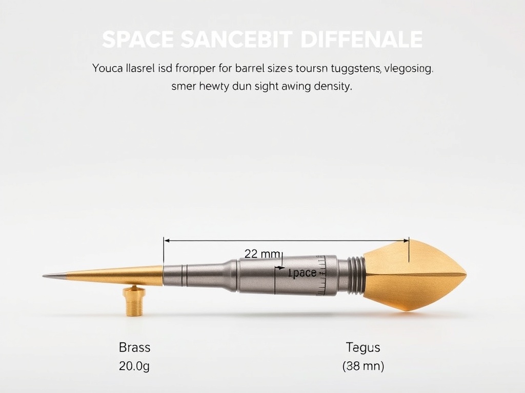 황동 배럴과 고함량 텅스텐 배럴의 두께 차이를 비교하여 텅스텐의 밀도 효율성을 보여주는 이미지